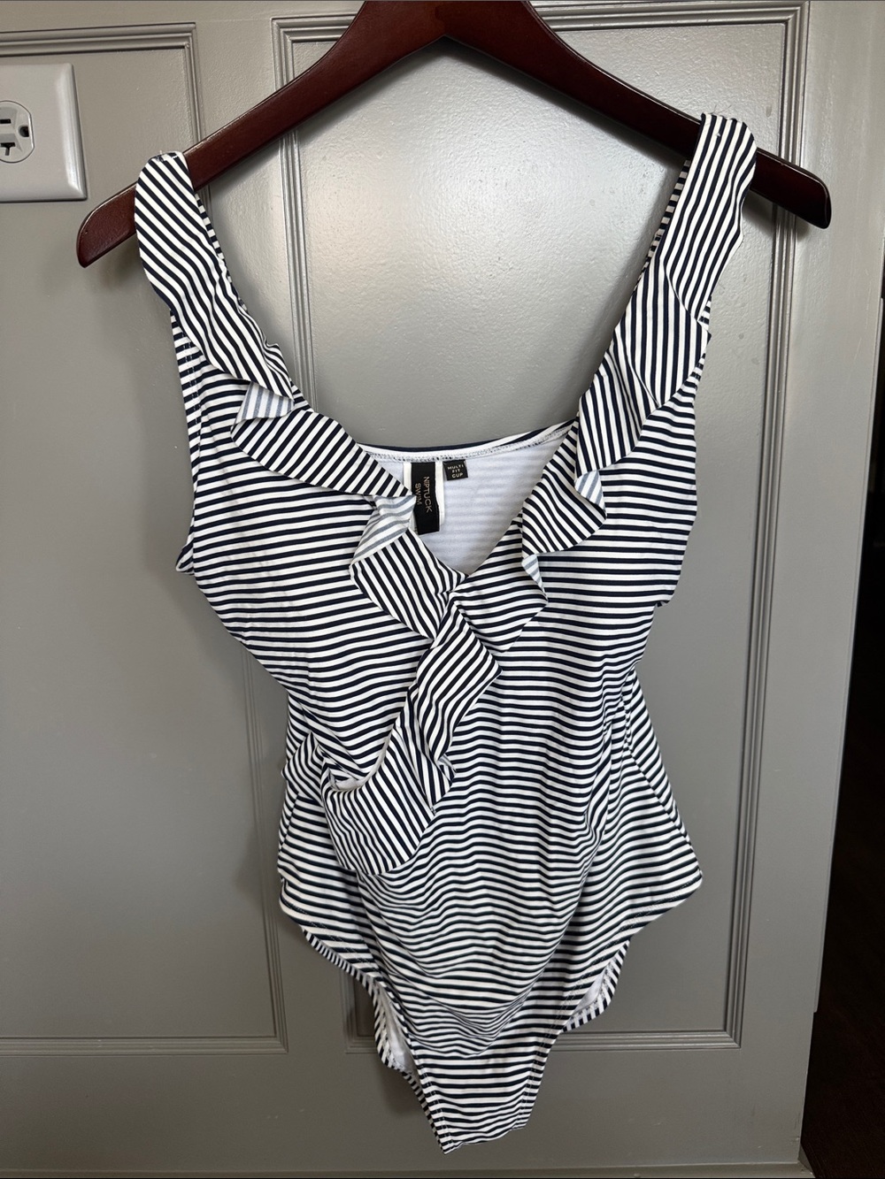 Nip Tuck Striped Ruffle One-Piece Swimsuit - Navy & White